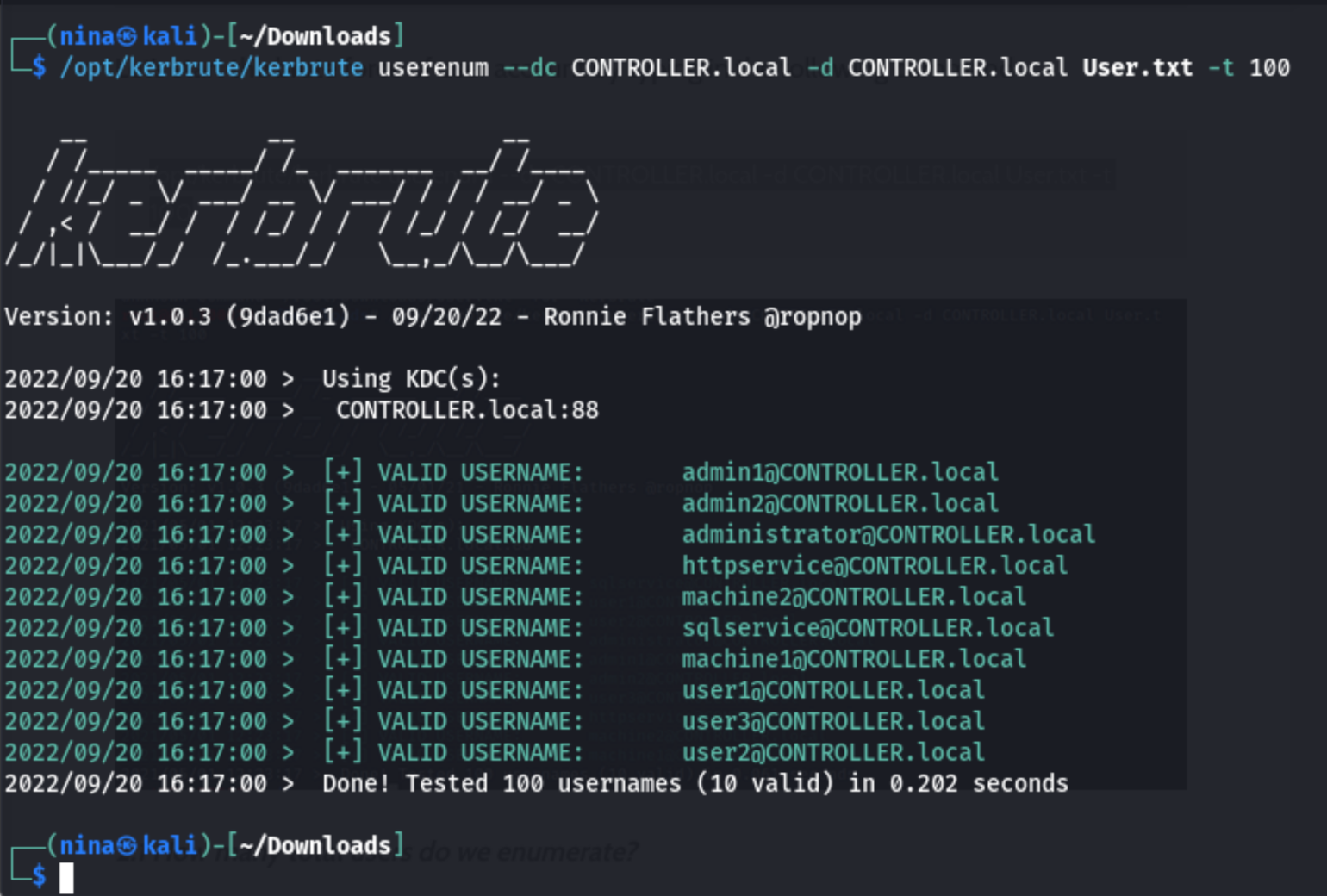 Results kerbrute controller.local